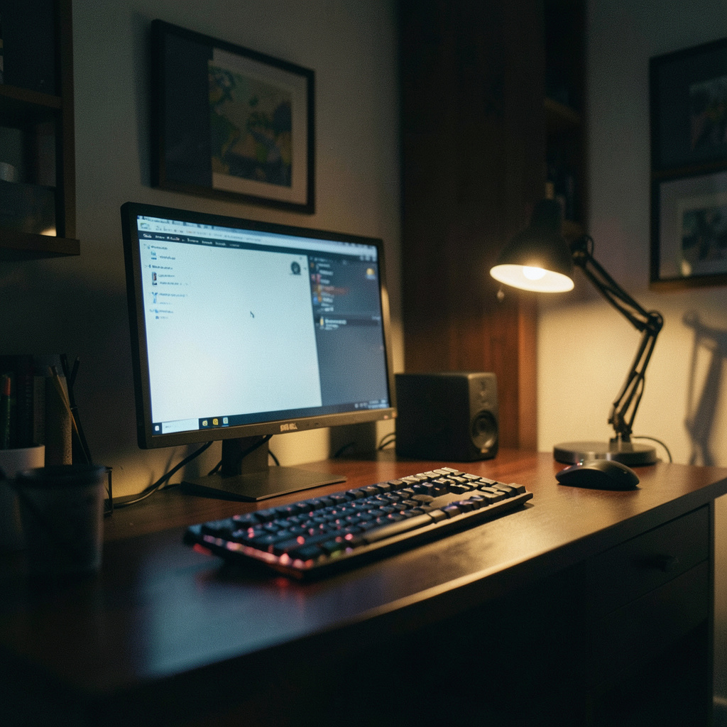 A quiet, atmospheric desk workspace with a glowing monitor, warm desk lamp, and dark wood tones against a dim room